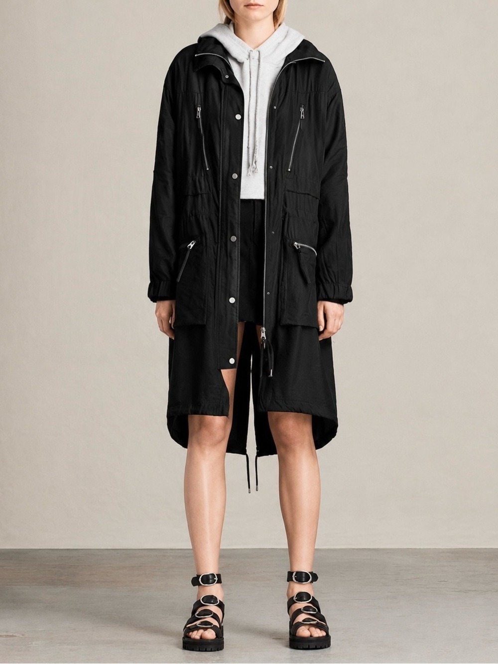 Allsaints Black Agnes Parka Long Line Utility Jacket Small
